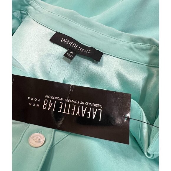 Lafayette 148 Sz M Aqua Blue 100% SILK Button Up Front Shirt Sleeveless NWT NEW - Picture 6 of 7